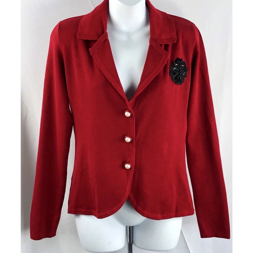 NWT Red Cardigan Knit Sweater Top M Red Pearl Button Front V-Neck Beads Applique